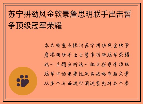 苏宁拼劲风金软景詹思明联手出击誓争顶级冠军荣耀