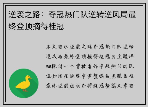 逆袭之路：夺冠热门队逆转逆风局最终登顶摘得桂冠