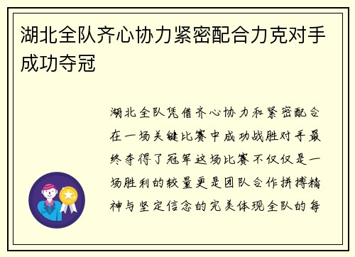 湖北全队齐心协力紧密配合力克对手成功夺冠