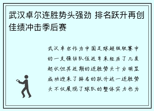 武汉卓尔连胜势头强劲 排名跃升再创佳绩冲击季后赛