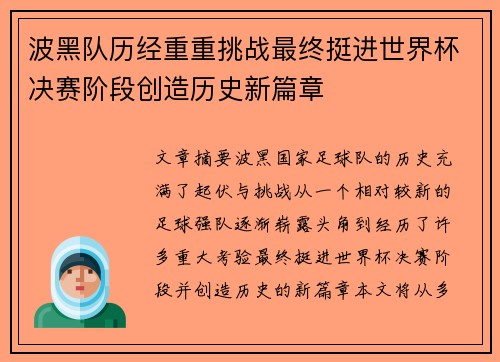 波黑队历经重重挑战最终挺进世界杯决赛阶段创造历史新篇章